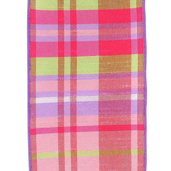 Four-inch wide pastel multi-colored dupioni plaid wired edge ribbon with bright edges.