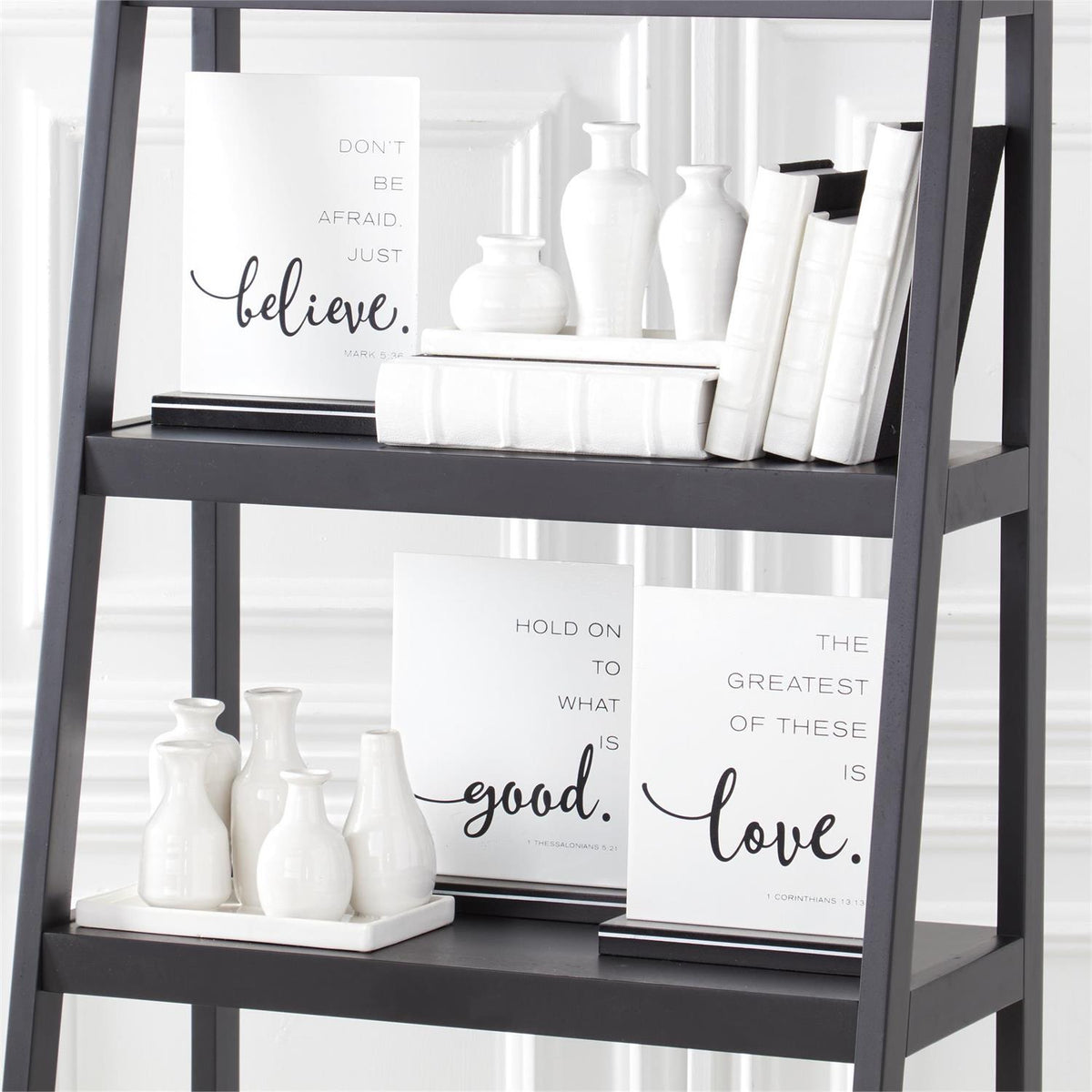 Set of five white ceramic vases with attached tray