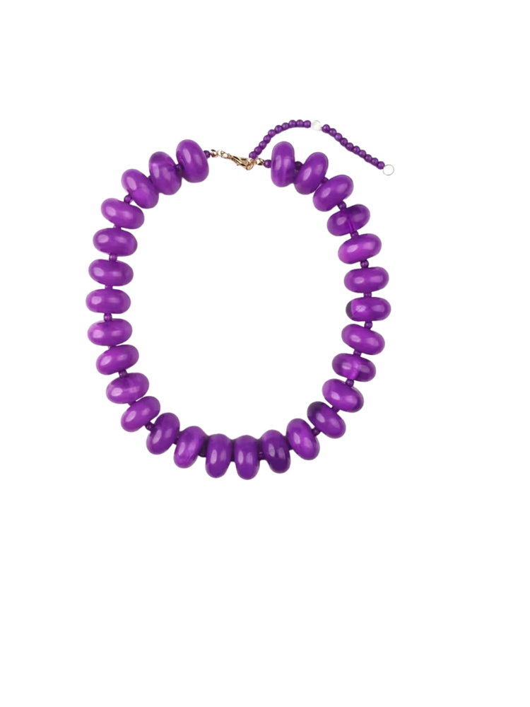 Bright purple acrylic necklace with large rounded beads and a gold-tone lobster clasp.