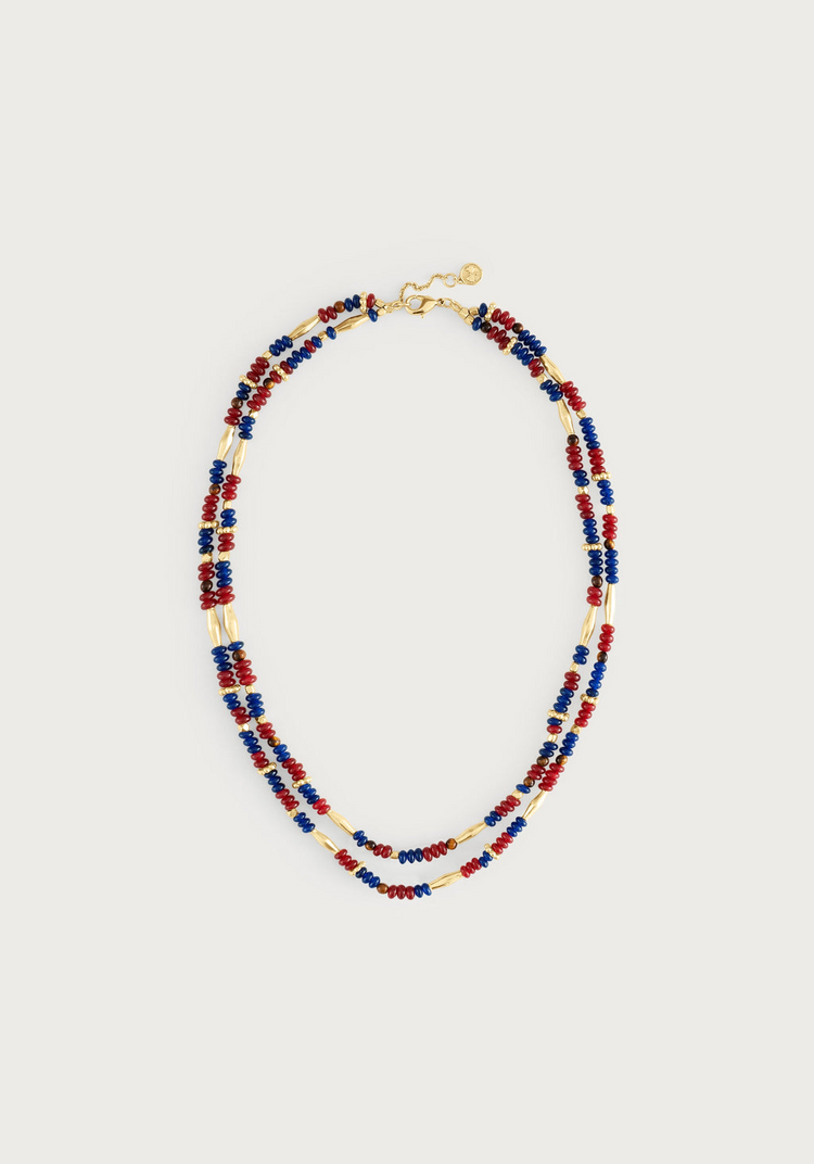 Double-strand Milos necklace with red, navy, and brown garnet beads and 18K gold-plated accents.