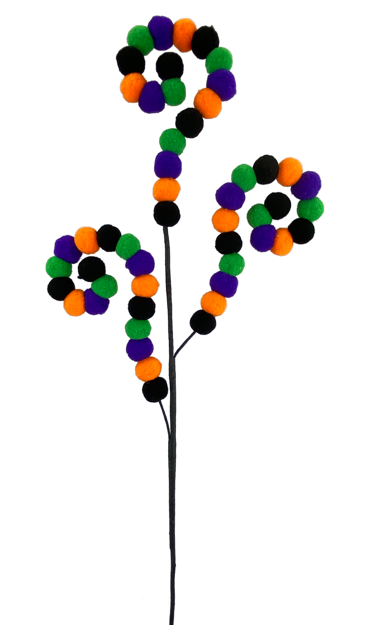 Three-armed felt spiral spray with alternating orange, black, purple, and green pompoms on wired arms.