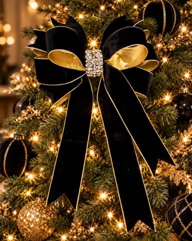 Black velvet holiday bow with gold trim and a rhinestone center on a lit Christmas tree.