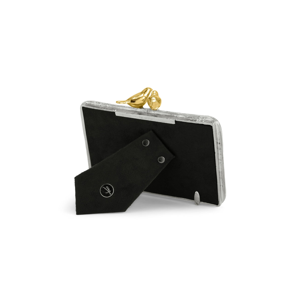Goldtone Lovebirds frame holding a 4x6 photo with nickelplate finish and removable tabs.