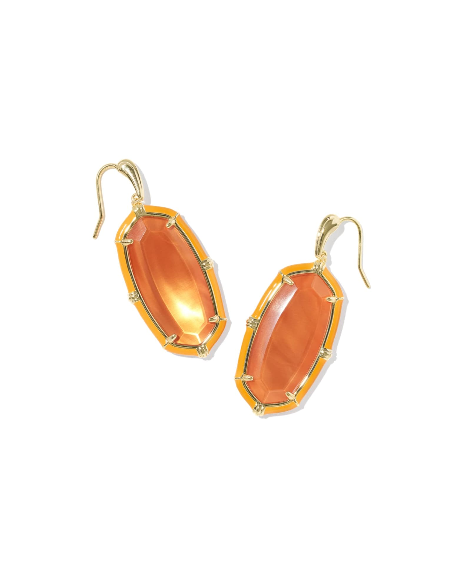 Elle Enamel Drop Gold Earrings featuring orange stones framed in yellow enamel and 14k gold plating.
