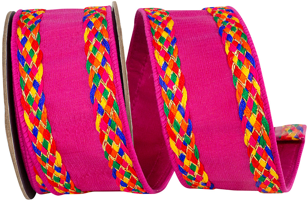 Fuchsia polyester wired edge braid ribbon measuring 2-1/2 inches wide with a festive multi-color pattern.