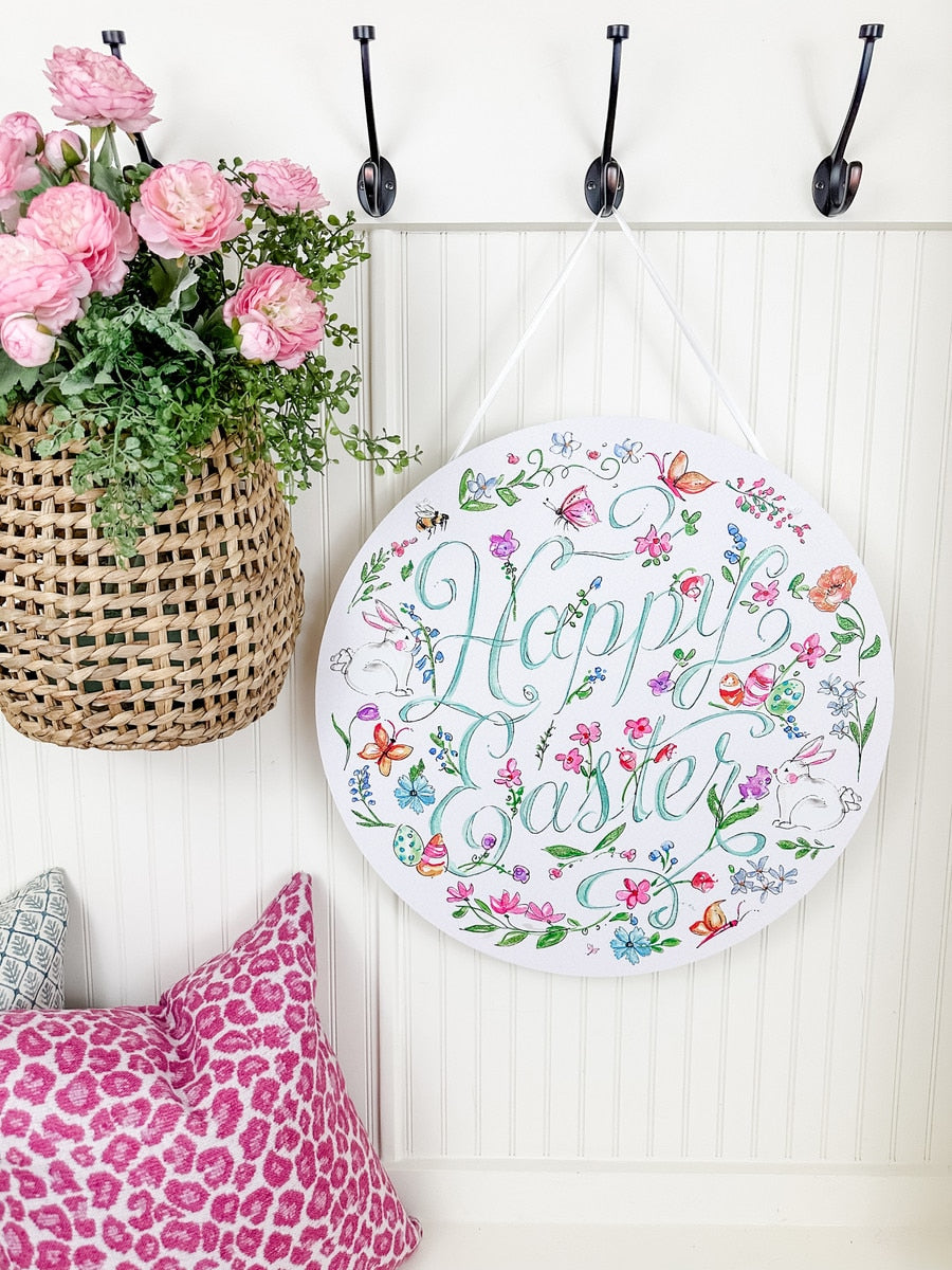 Beck's Happy Easter door hanger featuring a festive bunny illustration on white cardstock with red and green accents.