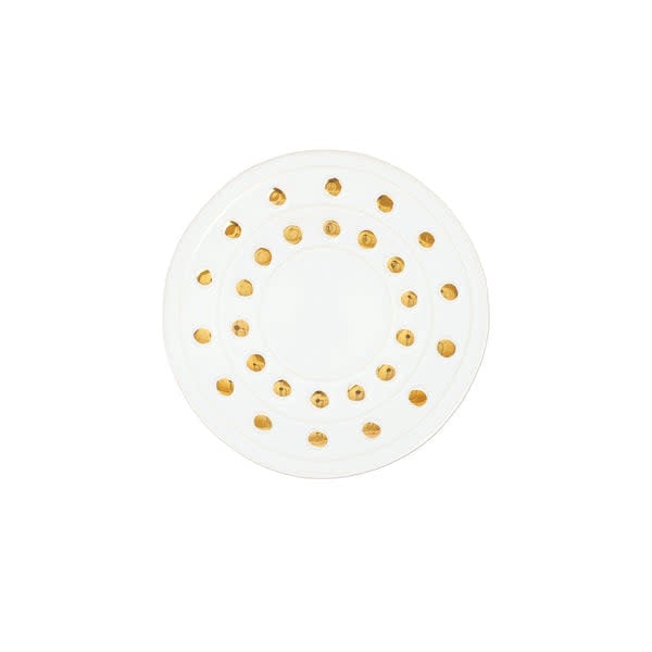 Medici Gold Canape plate featuring a white earthenware clay body with gold decorative accents and an oval silhouette.