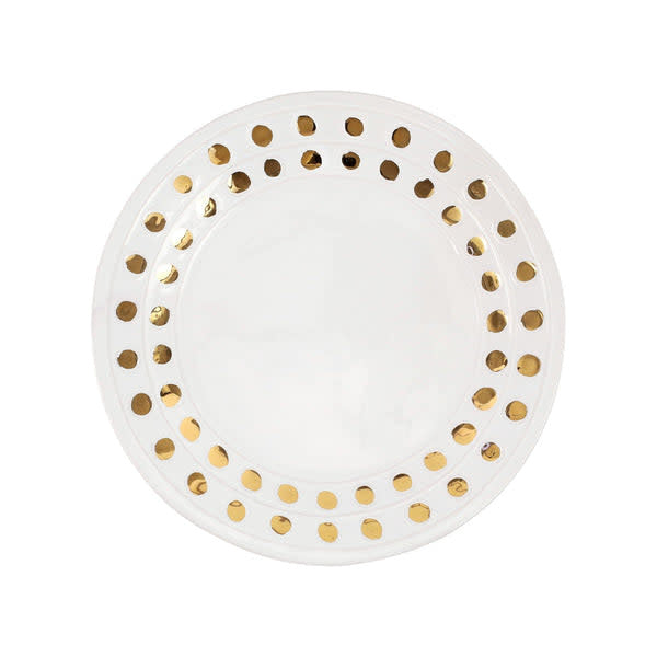 Medici Gold dinner plate featuring white earthenware clay with gold rim detailing