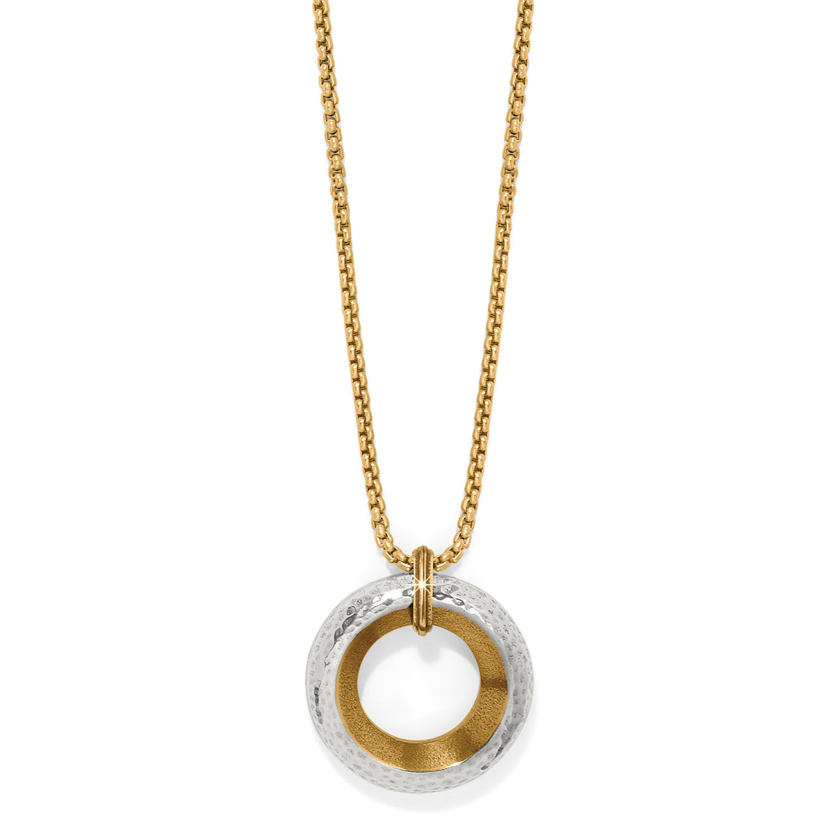 Two-tone silver and gold adjustable pendant necklace with symmetrical Venetian Renaissance-inspired silhouette.