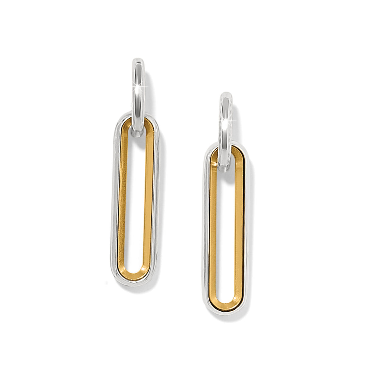 Silver-gold two-tone long post drop earrings with flat disc backs