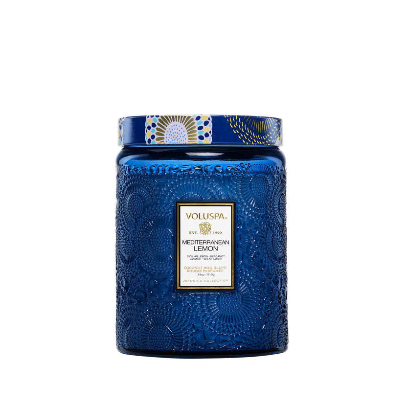 Large glass jar candle with Mediterranean Lemon scent featuring a zesty citrus label.
