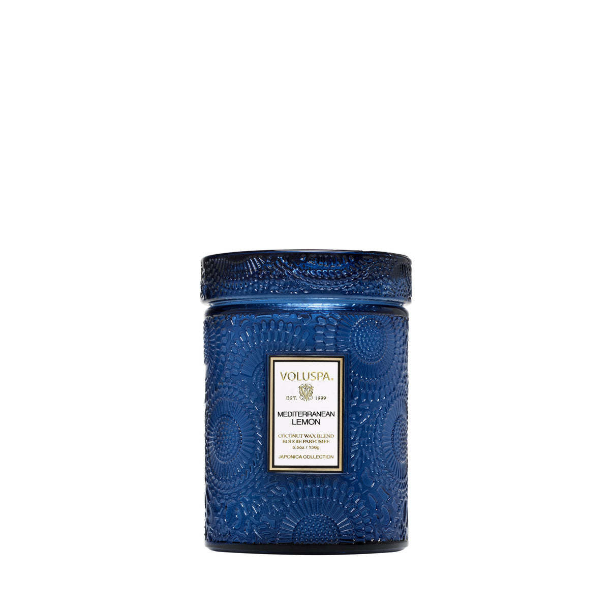 Small glass jar candle with Mediterranean Lemon scent in a yellow label