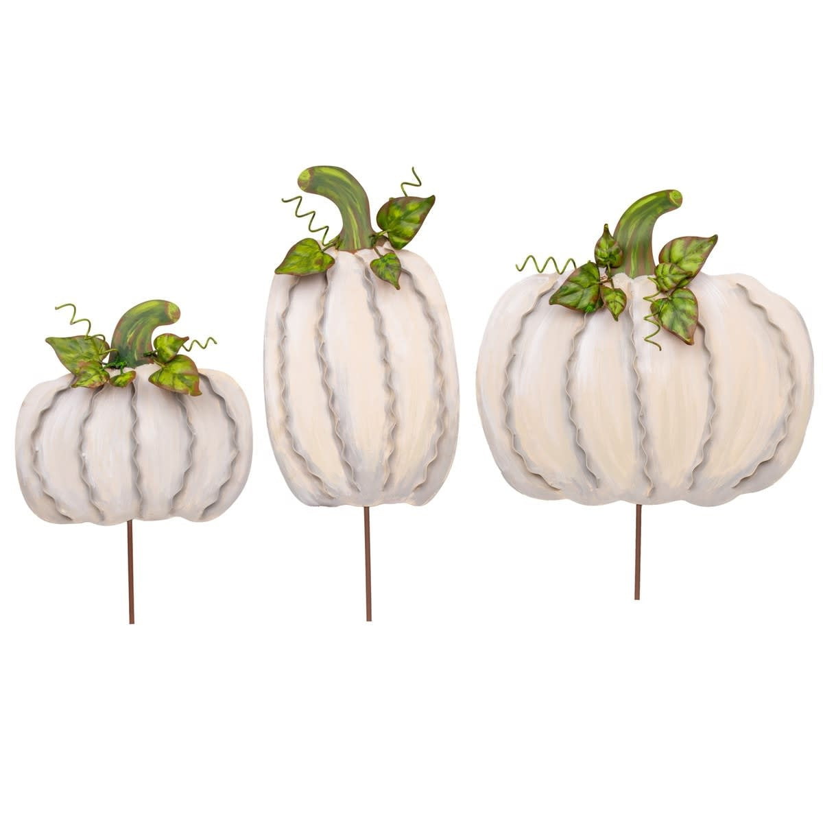 Cream-colored medium ribbon pumpkin with a vertical striped pattern on an easel stand.
