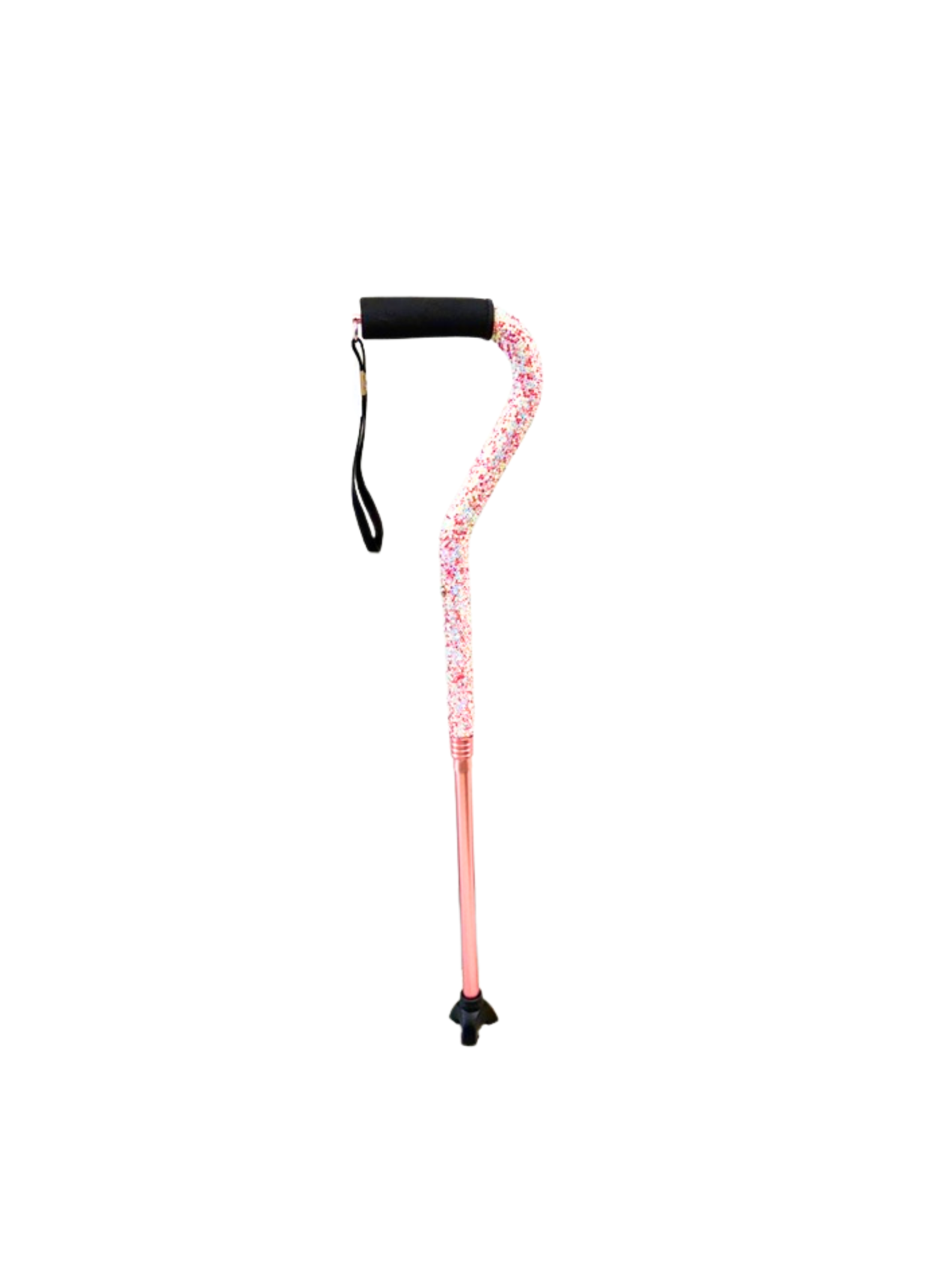 Rhinestone walking cane with a pink floral pattern, black foam handle, and wrist strap.