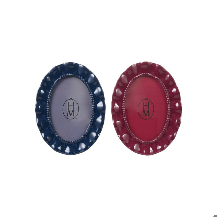 Oval resin photo frames with wavy scalloped edges in navy blue and burgundy red.