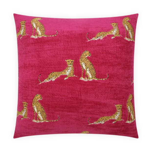 Fuchsia pink square pillow with embroidered yellow and black spotted cheetahs in various poses.