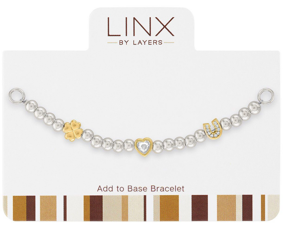 Silver ball bead bracelet add-on with gold four-leaf clover, heart, and horseshoe charms.