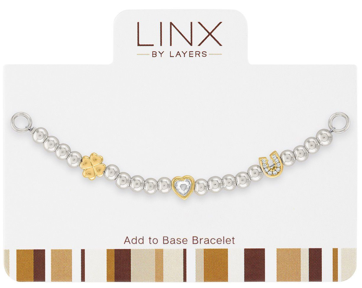 Silver ball bead bracelet add-on with gold four-leaf clover, heart, and horseshoe charms.