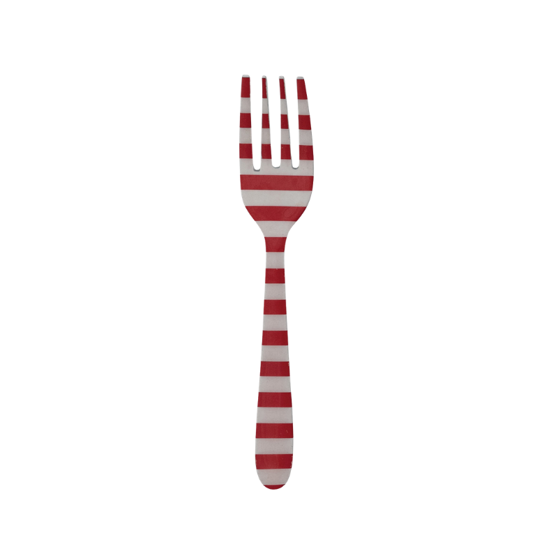 Enameled stainless steel fork with a red and white horizontal stripe pattern.