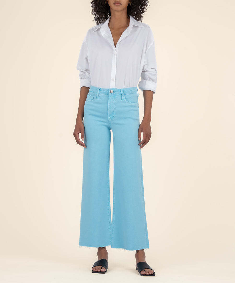 Blue wide-leg jeans with high rise, Fab Ab front pockets, and watery fading pattern.