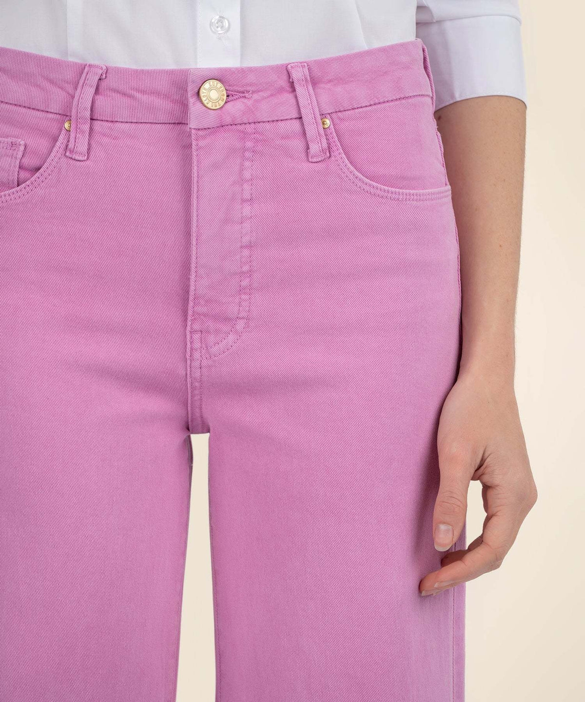 Peony pink wide-leg jeans with high rise, Fab Ab front pockets, and soft stretchy cotton fabric.