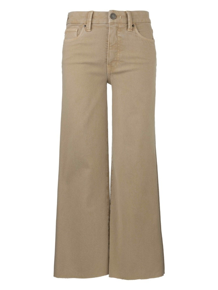 Front view of Meg high-rise wide-leg jeans in faded wash with Fab Ab front pockets and raw hem.