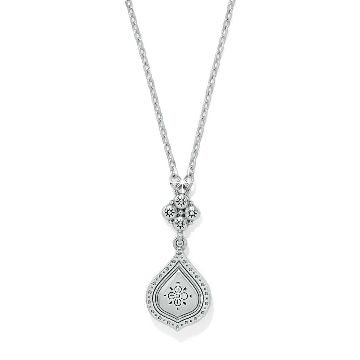 Silver two-tone teardrop pendant necklace with fine quality crystals and enamel finish on an adjustable chain.
