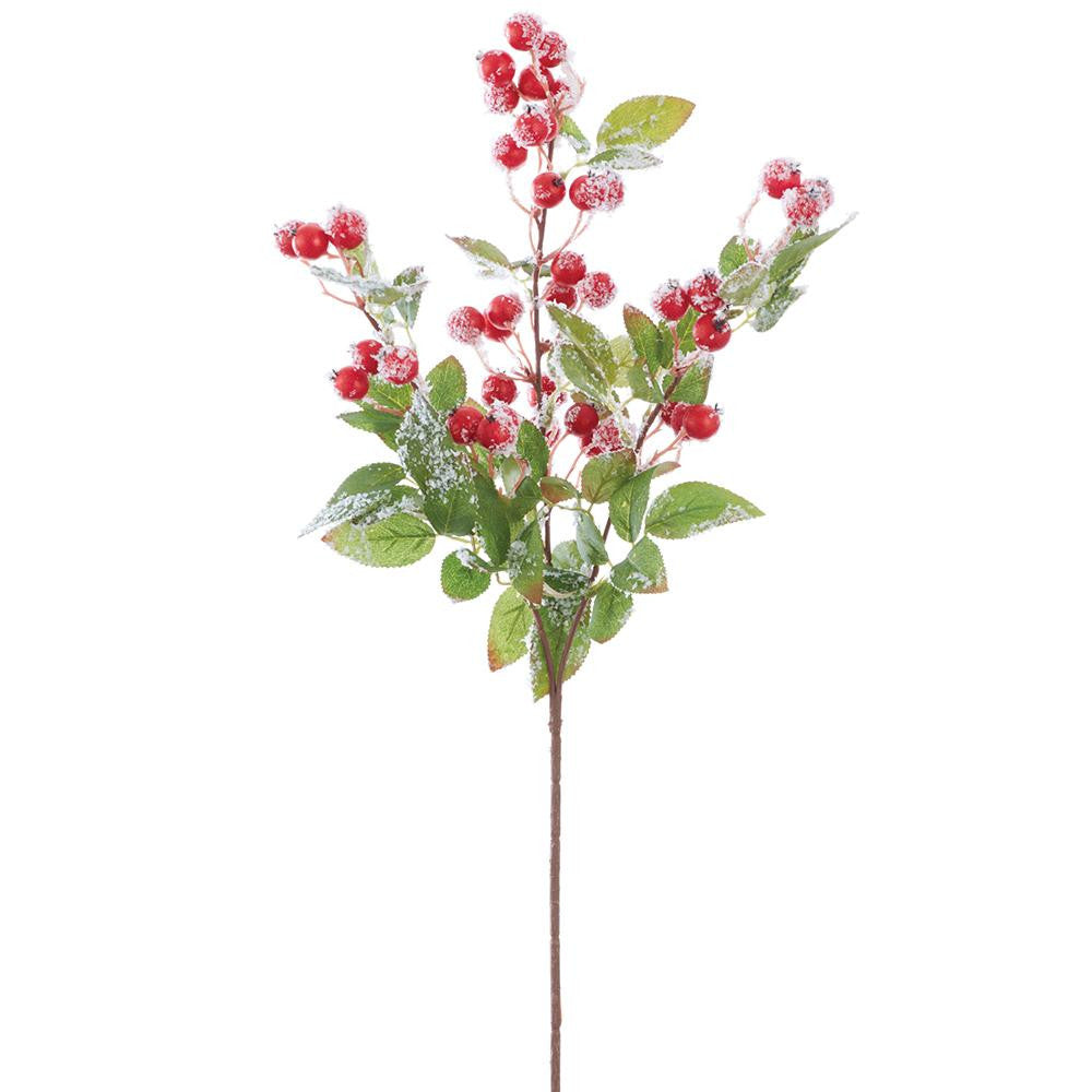 26-inch red snowed berry spray with frosted green leaves on a brown stem.