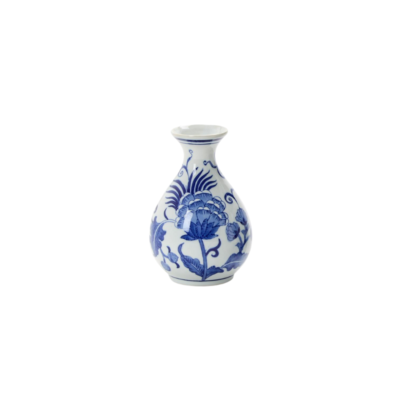 Hand-painted blue and white porcelain chinoiserie vase with a floral design and teardrop shape.