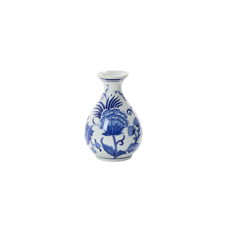 Hand-painted blue and white porcelain chinoiserie vase with a floral design and teardrop shape.