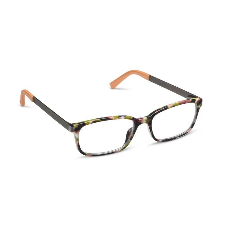Memphis eyeglasses in olive Botanico with sleek patina metal temples and aspheric lenses.