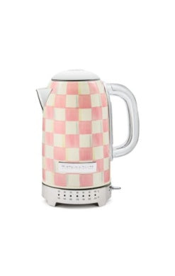 Check Electric Kettle with a pink and white checkered pattern and silver-tone accents.