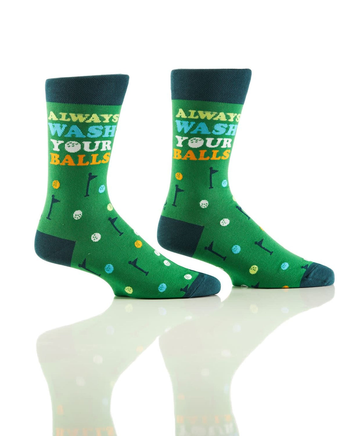 Men's crew sock in white cotton with 'Always Wash' sentiment print.