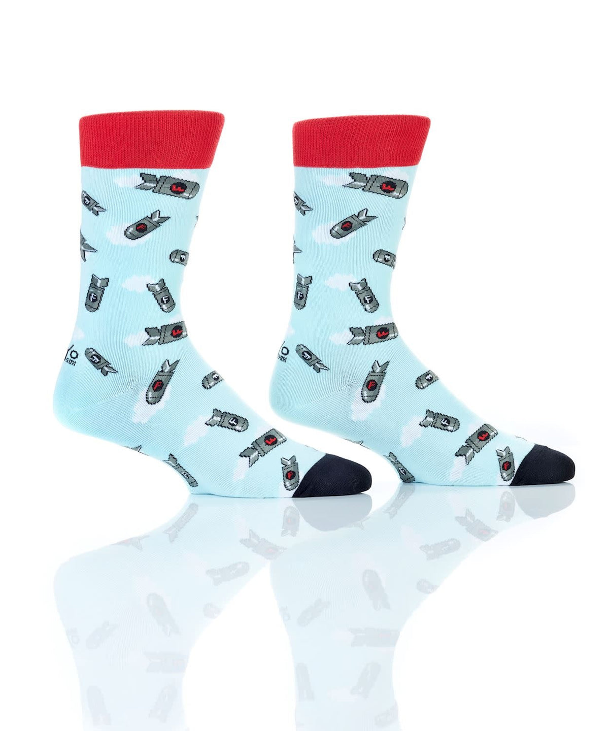 Men's crew sock in black cotton with white bomb graphic print.