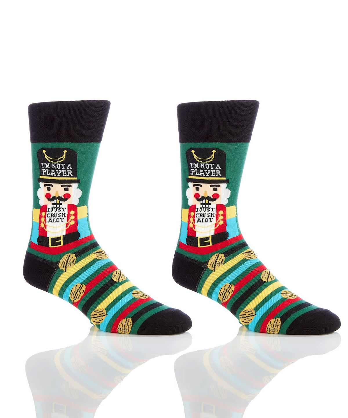Men's crew sock in nutcracker print with cotton blend material.