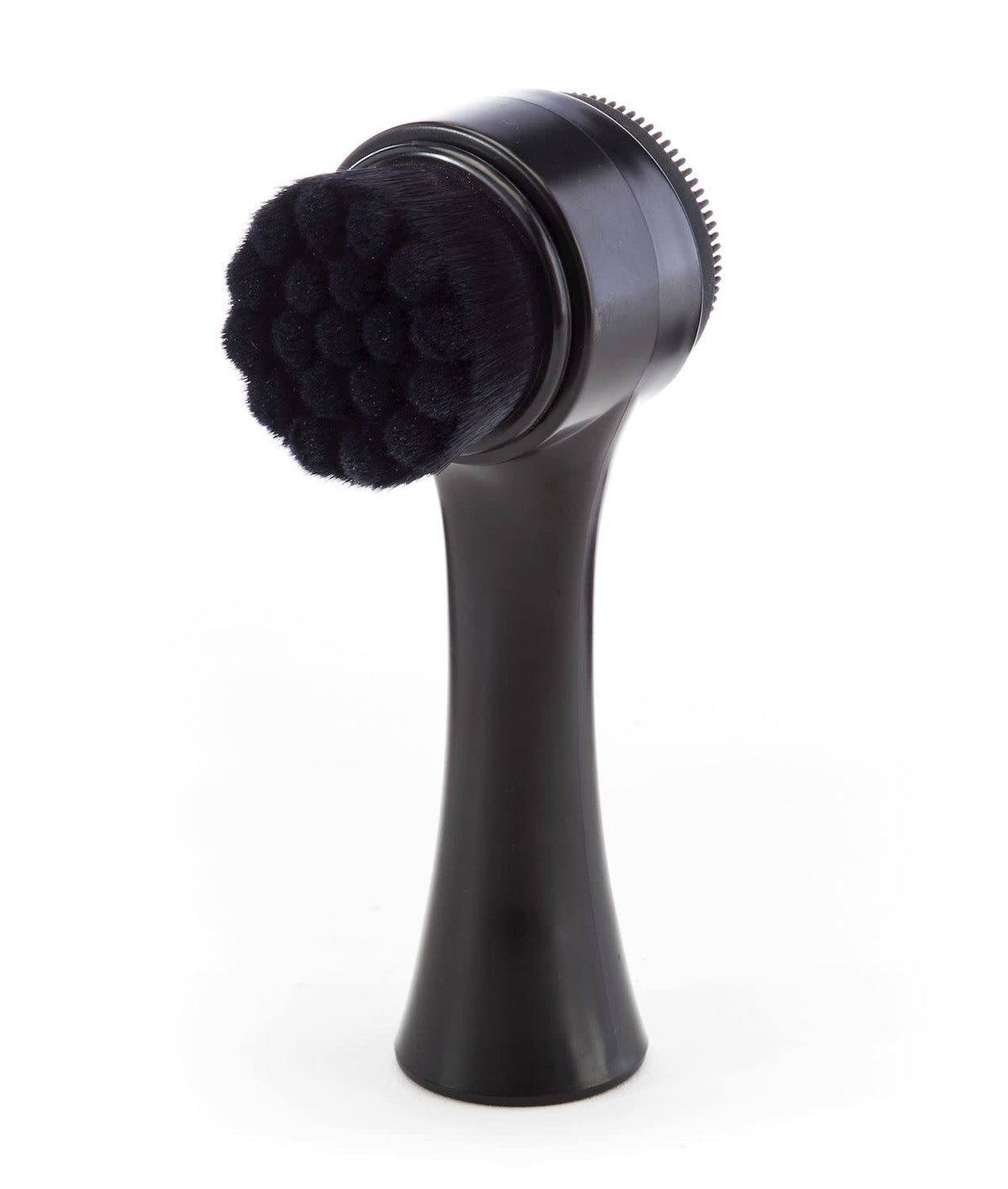 Black men's facial brush with silicone bristles on a white background.