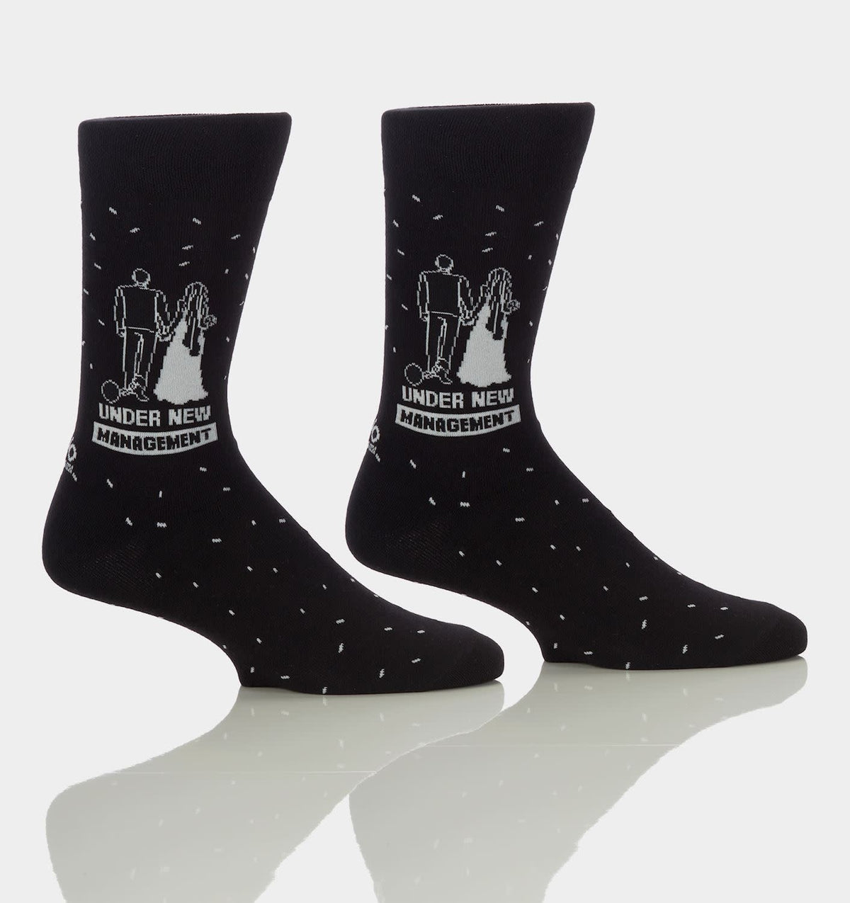 Men's crew socks in black cotton blend with white text print featuring reinforced heel.