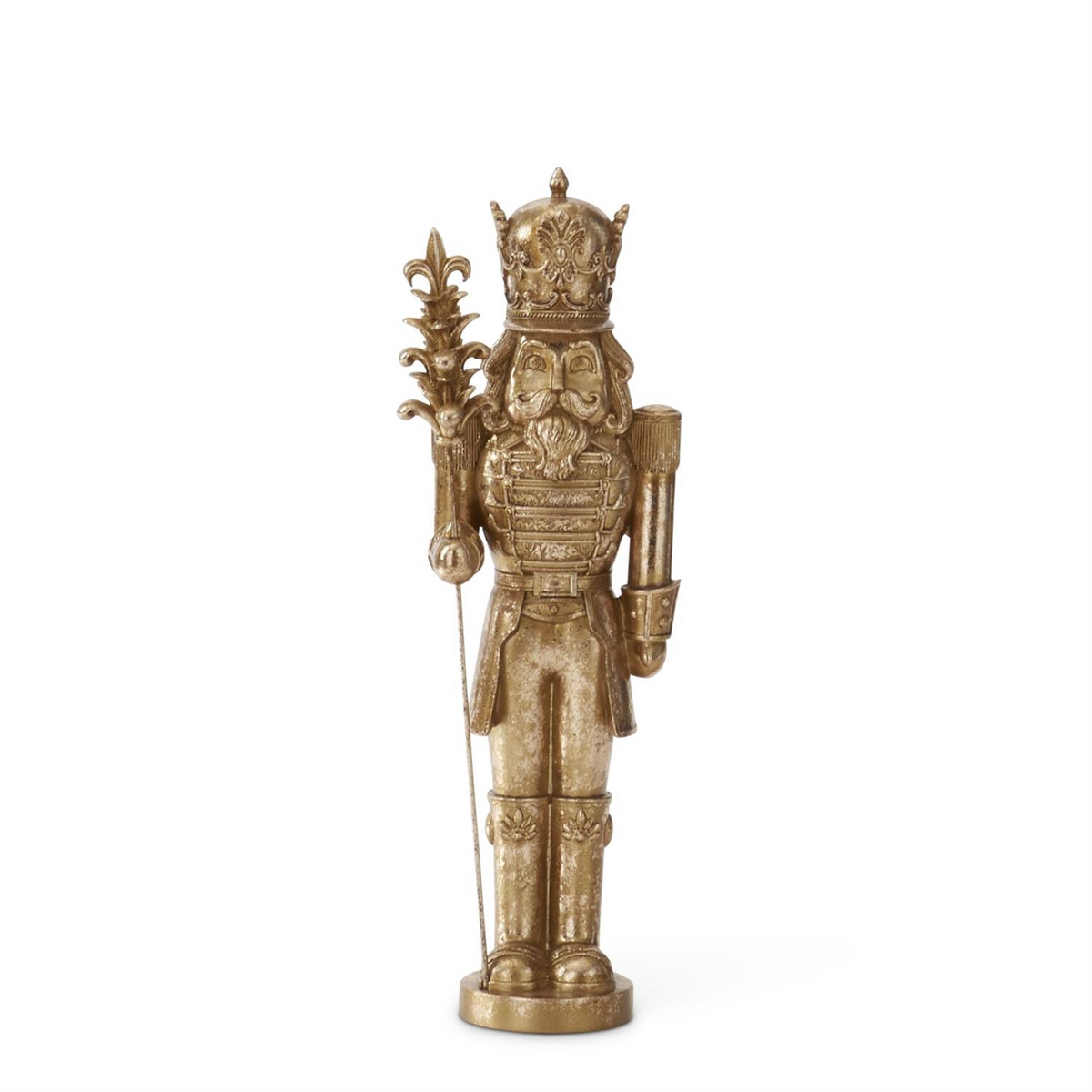 15.5-inch gold nutcracker figurine holding a pinecone staff on a circular base.