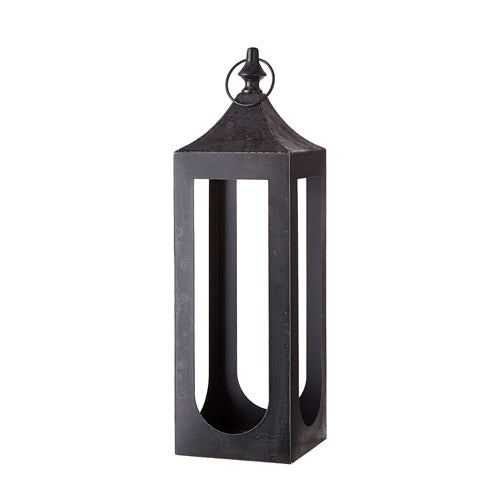 21.5 inch tall distressed black iron lantern with a ring handle and open rectangular cutouts.