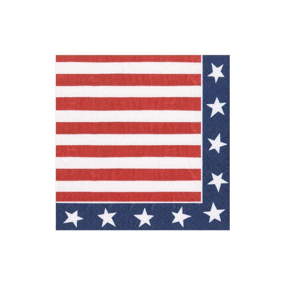 Red, white, and blue triple-ply cocktail napkin with patriotic pattern.