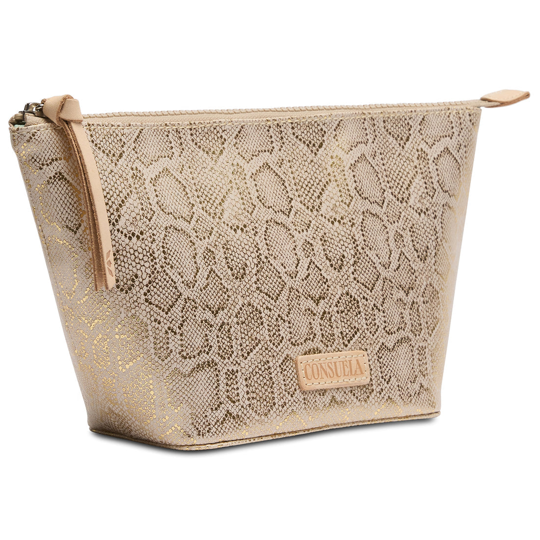 Leah large tool kit with metallic exterior, vinyl interior, natural leather zipper pull and logo accent.