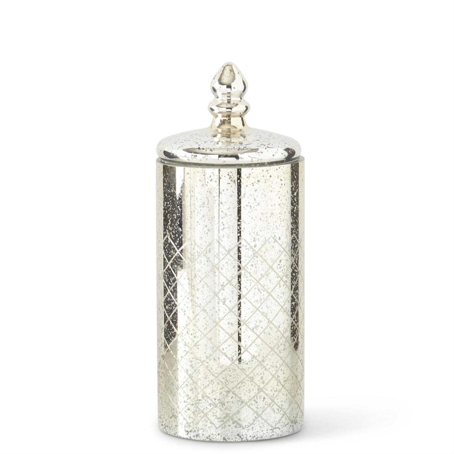 Mercury glass jar with lid featuring a reflective silver finish.