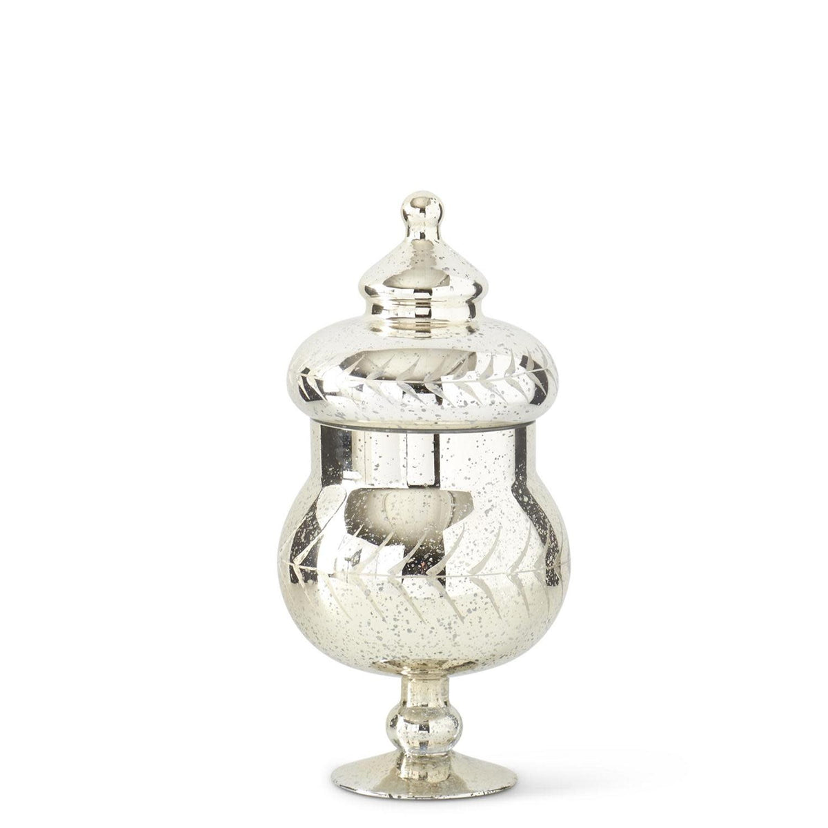 Mercury glass jar with lid featuring a reflective silver finish.
