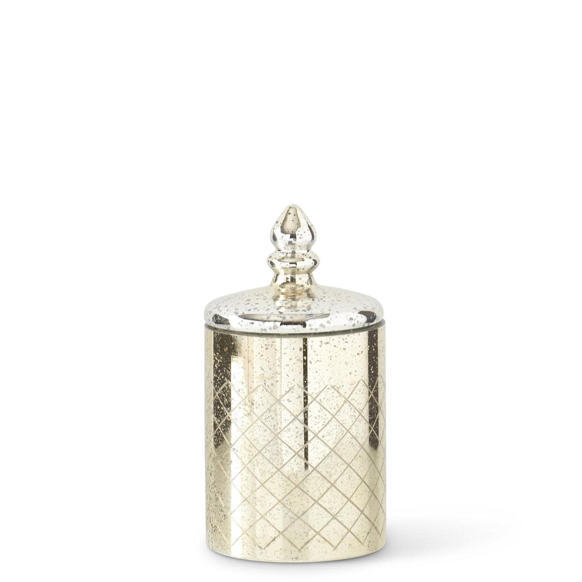 Mercury glass jar with lid featuring a reflective silver finish and vintage silhouette.