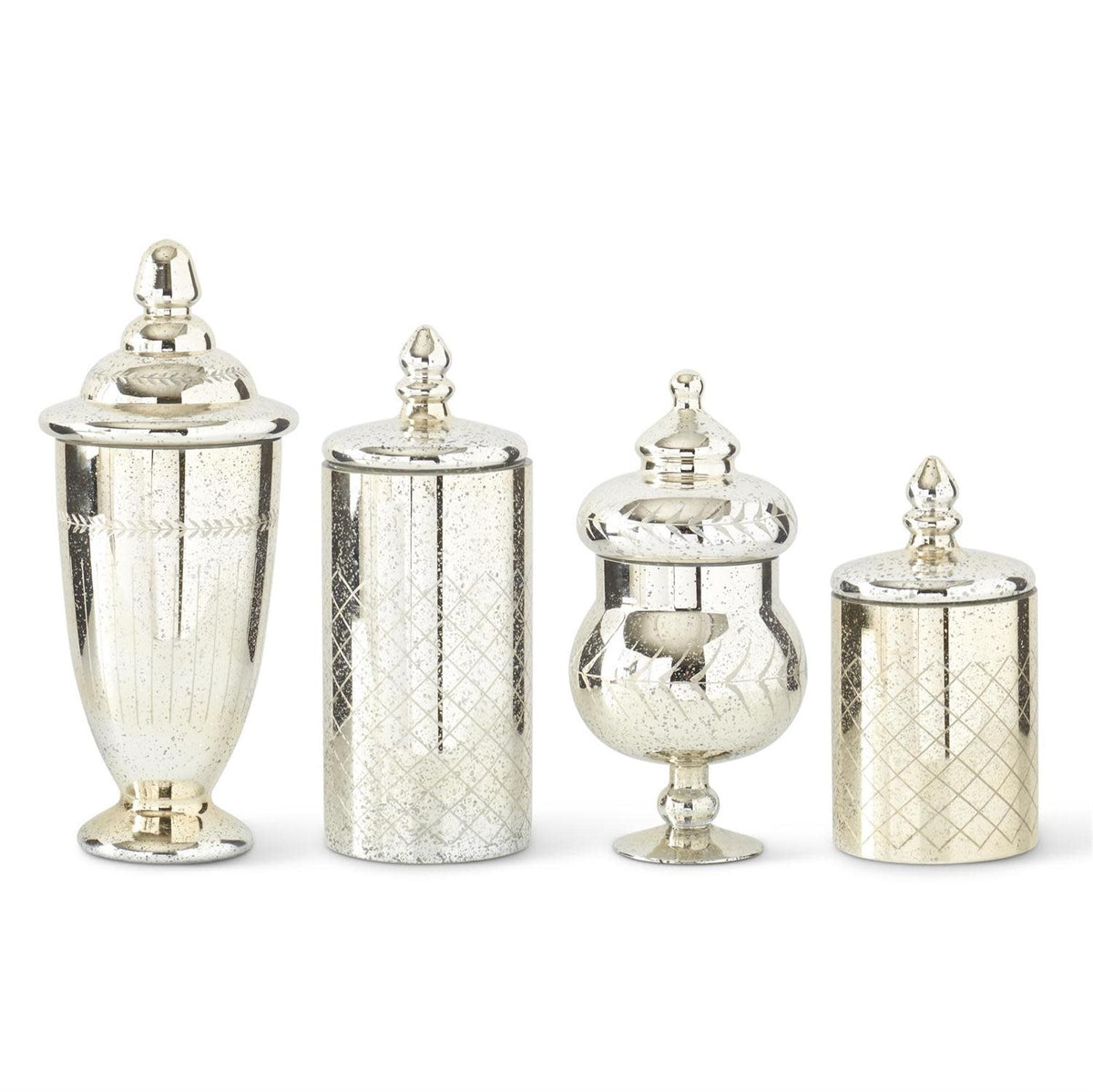 Mercury glass jar with lid featuring a reflective silver finish.