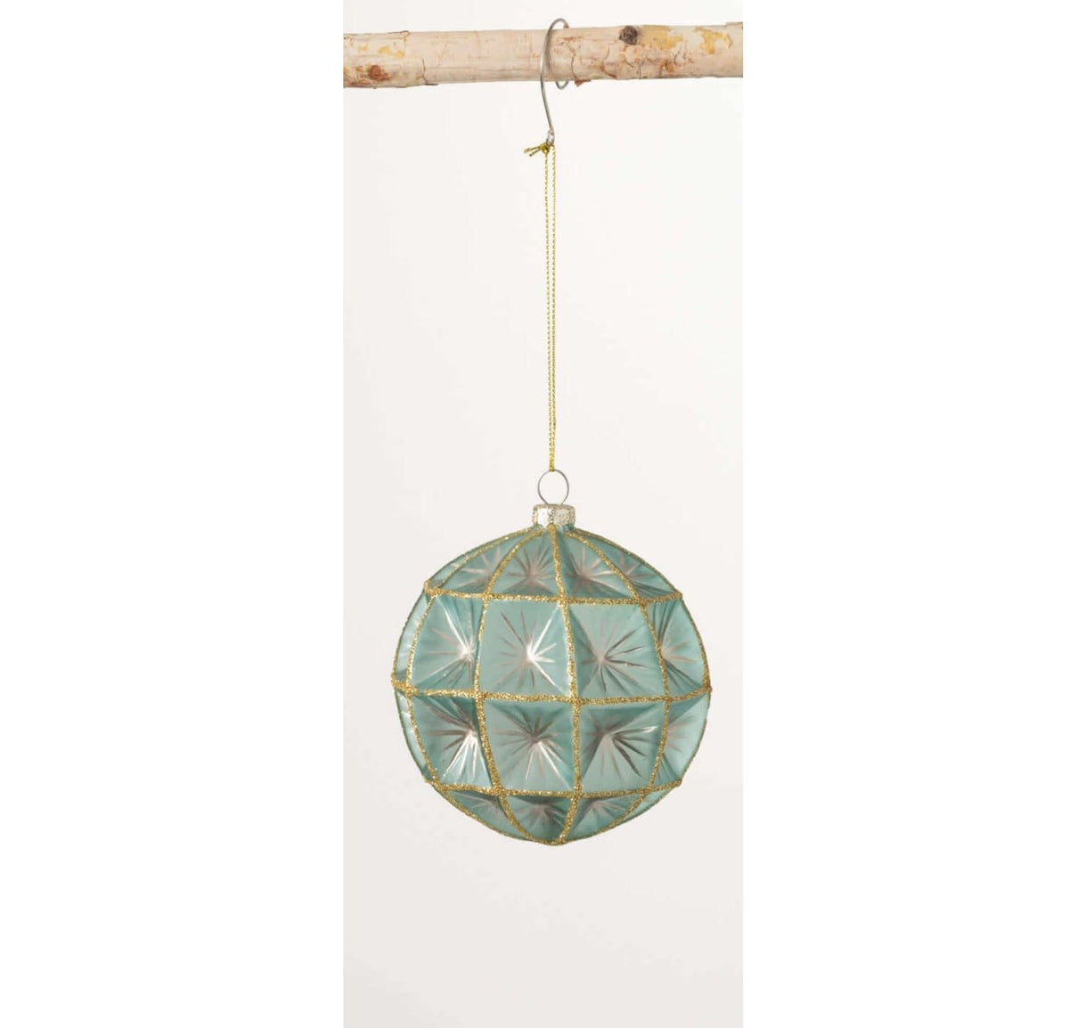 Teal mercury glass ornament with a vintage-inspired spherical shape.