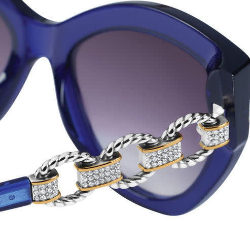 Side view of blue cat eye Meridian Adagio sunglasses with two-tone fine quality crystal accents.