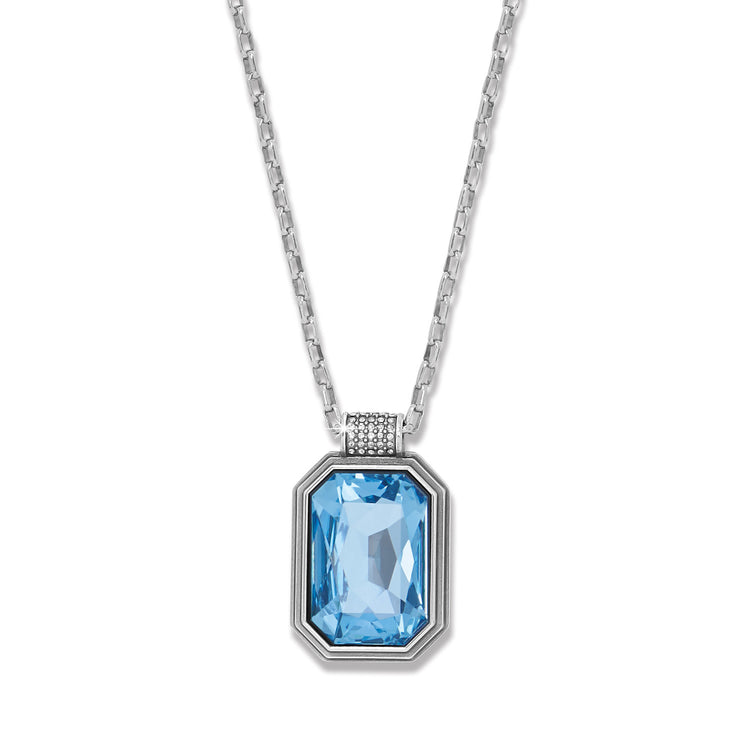 Silver plated Meridian Aurora necklace with adjustable chain and aqua crystal pendant.