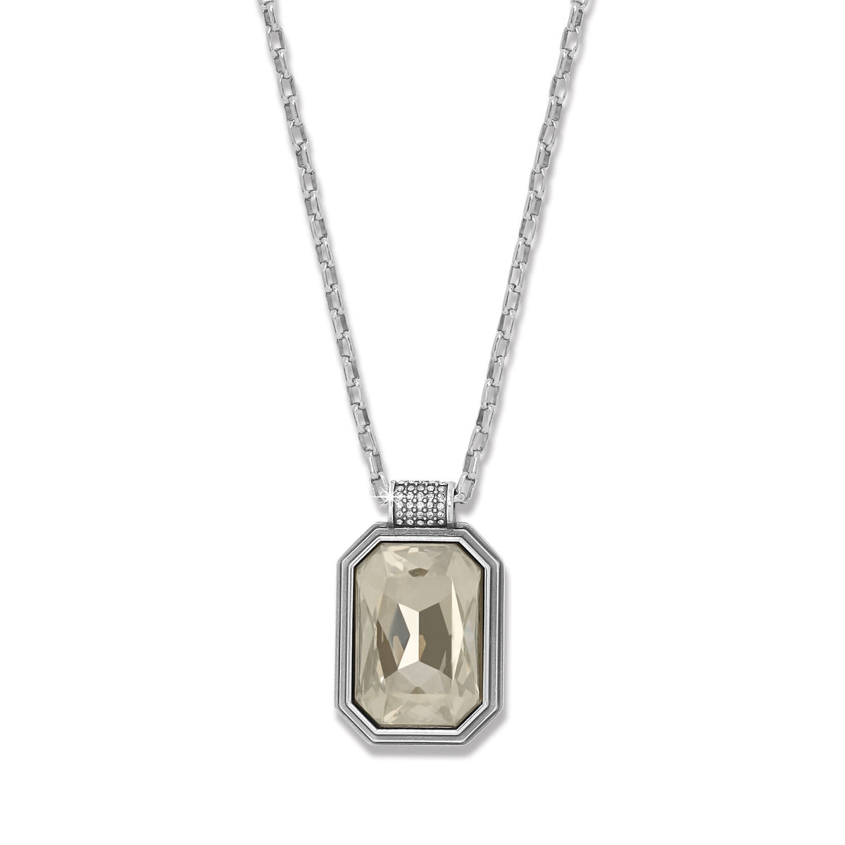 Silver plated Meridian Aurora necklace with adjustable chain and sparkling crystal pendant.