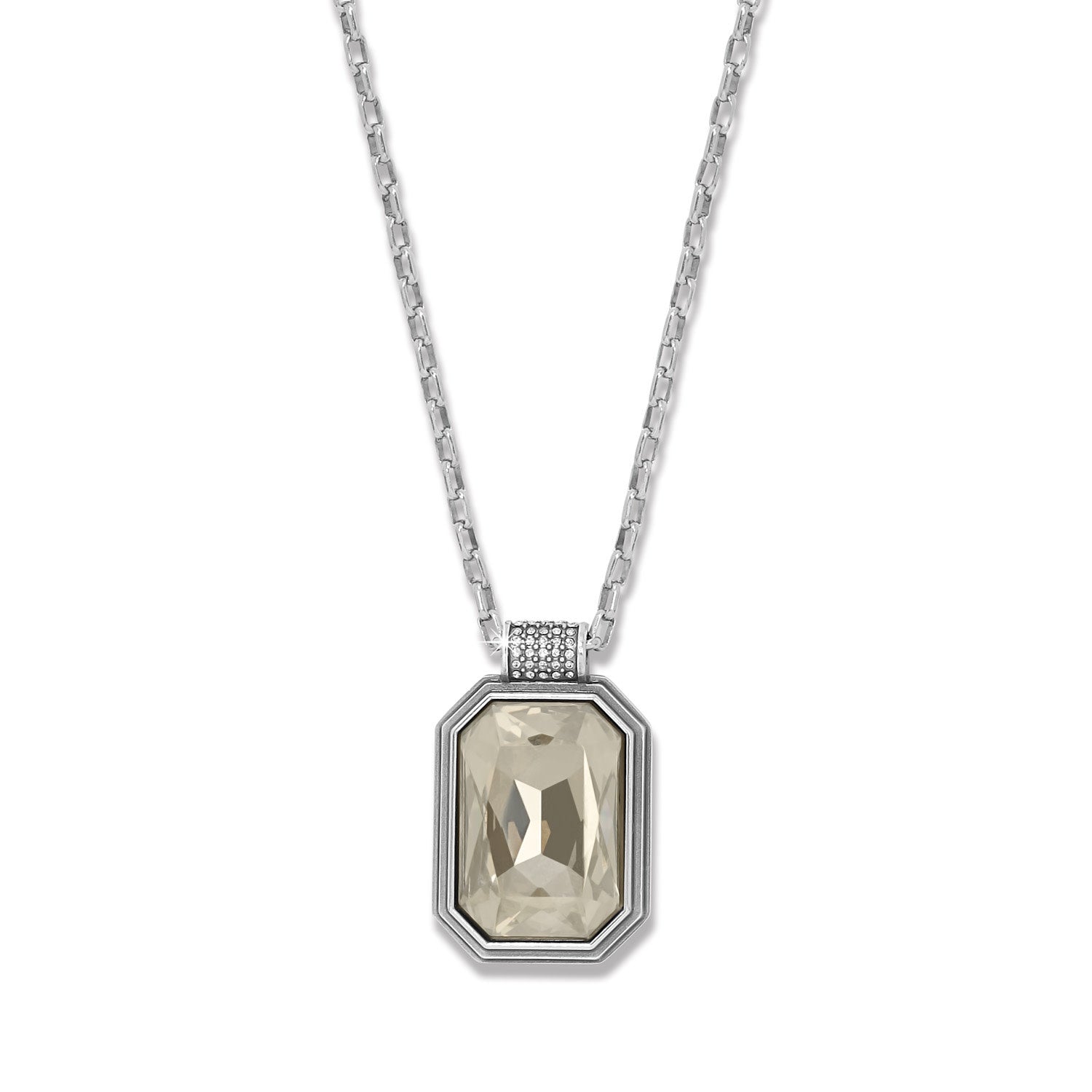 Silver plated Meridian Aurora necklace with adjustable chain and sparkling crystal pendant.